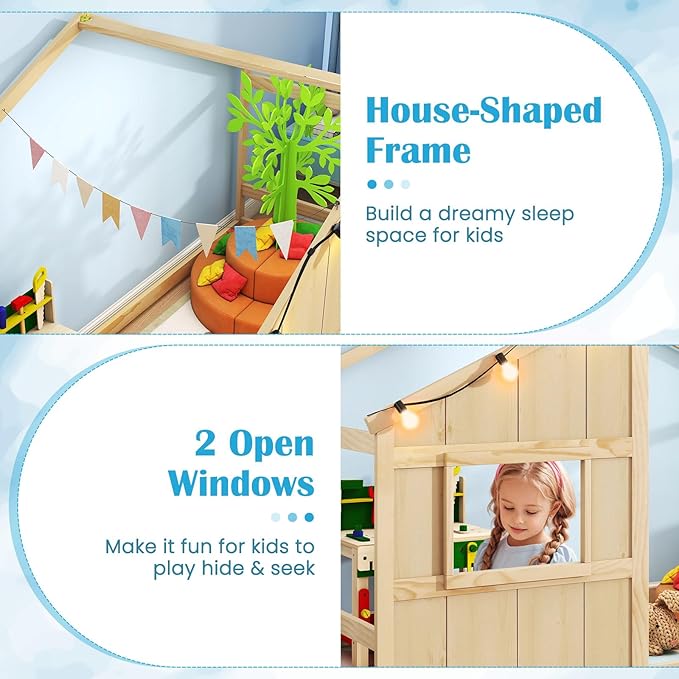 Twin Montessori Floor Bed with Roof, LED Light, Wood House Bed Frame with Headboard and 2 Windows, Low to Ground Cute Playhouse Bed for Kids, Girls, Boys, Without Slats (Natural)