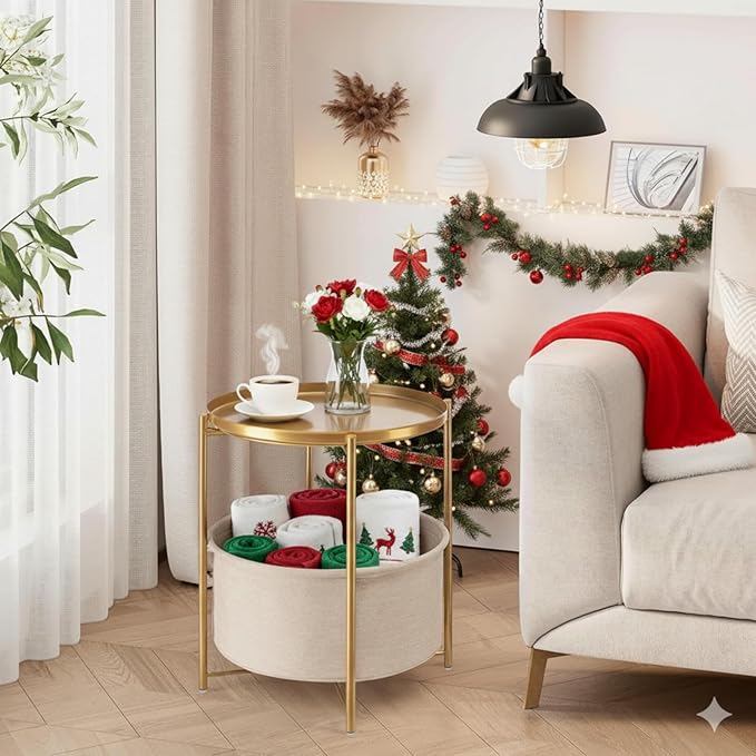 danpinera Round Side Table with Fabric Storage Basket, Metal Side Small Bedside Table Nightstand with Removable Tray Top for Living Room, Bedroom, Nursery, Bathroom, Gold