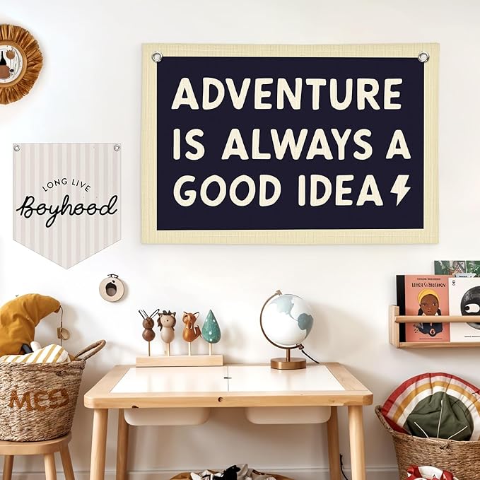 Lacama Boys Room Nursery Decor, Adventure Is Always A Good Idea Motivational Banner for Playroom, Nursery Hanging Linen Banner Wall Canvas Flag, Toddler Teen Room Dorm Decor 30x20 Inch