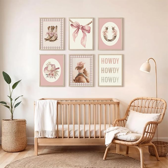 Western Cowgirl Nursery Wall Art Decor Vintage Girl Room Canvas Poster Pink Coquette Nursery Art Prints Preppy Aesthetic Pictures Bow Floral Boots Artwork for Girls Bedroom 8x10 Inch Framed 6Pcs