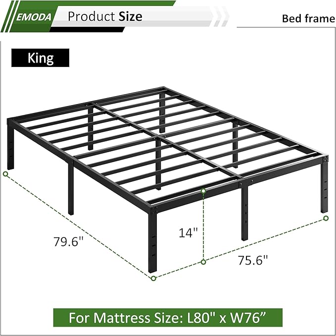 EMODA 14 Inch King Bed Frame No Box Spring Needed, Heavy Duty Metal Platform with Steel Slats, Noise Free, Easy Assembly, Black