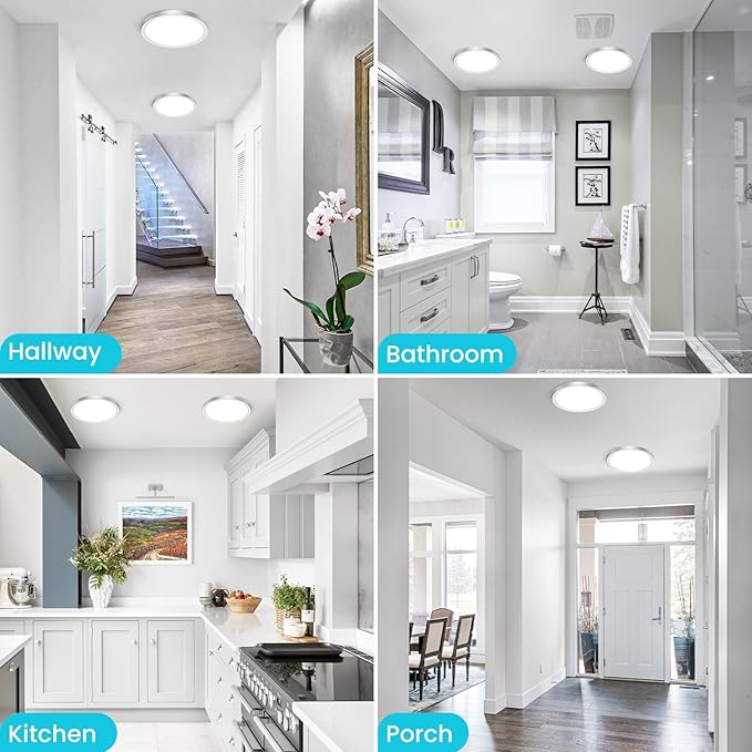 libtit 3 Pack 7 Inch Led Ceiling Light Flush Mount Nickel Brushed, 15W Light Fixtures Ceiling Mount, 3000K/4000K/6500K Color Options, Thin Flat Led Ceiling Light for Ceiling Bathroom Hallway Closet