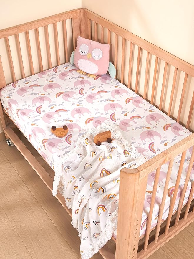 TILLYOU Baby Crib Sheets for Boys Girls, Super Soft Toddler Bed Sheets, 2 Pack Sheets for Standard Crib Mattress 28x52in, Rainbow Elephant