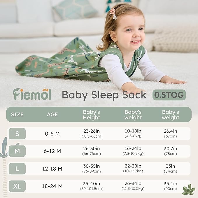Baby Sleep Sack 18-24 months, 100% Cotton Sleeping Sack for Newborn and Infant, 3 Pack Baby Wearable Blanket for Boy and Girl, 0.5 Tog Lightweight Double Zipper Sleep Bag Green Brown Giraffe