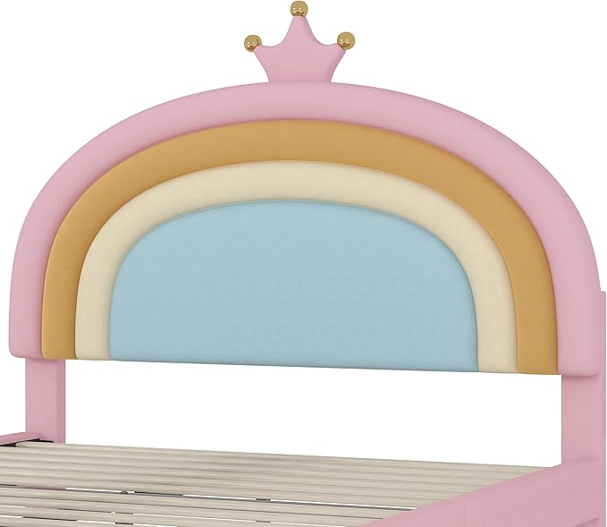 LUMISOL Cute Bed Frame for Kids, Rainbow Design Upholstered Platform Bed, Full Size Velvet Princess Bed with Drawer, Full Size Pink Girls Bed