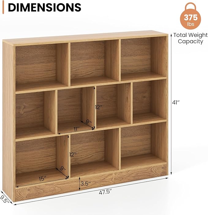 Costzon 10-Cube Bookshelf for Kids, Wooden Toy Storage Organizer w/ 2 Anti-Toppling Kits, 3 Tier Open Shelves & Non-Slip Foot Pads, Montessori Toy Shelf for Kids Rooms, Playroom, Classroom, Nursery