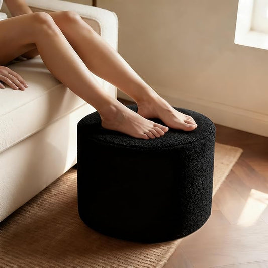 Round Boucle Pouf Ottoman Footrest – Soft & Lightweight Footstool with Full Foam Filling for Living Room, Bedroom
