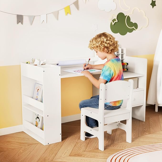 Costzon Kids Desk and Chair Set, Art Activity Desk Set with Detachable Paper Roll Holder, Cubby Cabinet, and Multiple Storage Space, 2-in-1 Toddler Table and Chair for Painting, Studying (White)
