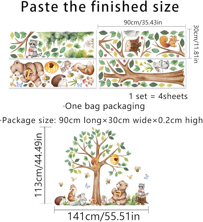 Large Woodland Animals Tree Wall Decal Set, Forest Tree with Bear Fox Bee Wall Stickers for Nursery Kids Bedroom Wall Decor, 55.51x44.49 inches
