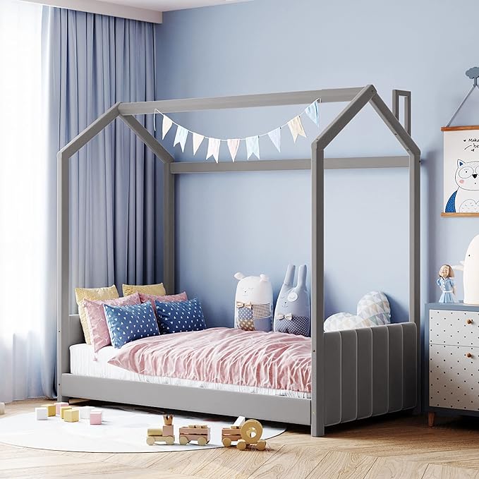 Ball & Cast Twin Size Floor Bed,Low to Ground Design Montessori Bed with Roof,Velvet Toddler House Bed Frame W/Slats,No Box Spring Needed,for Girls Boys,Gray