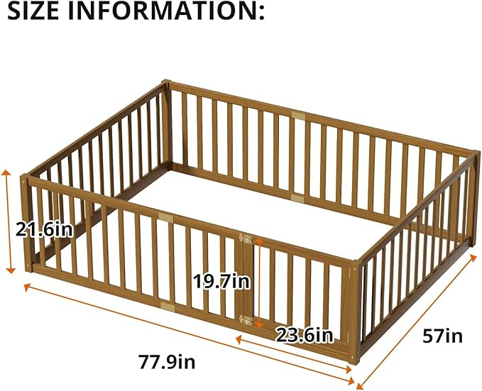 LLS Full Size Floor Bed with 21.6" High Fence for Kids Boys Girls, Solid Wood Multifunctional Montessori Bed Frame with Door, Without Slats, Light Espresso