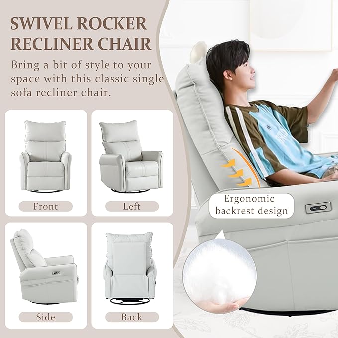 Power Swivel Rocker Recliner Chair for Nursery, Upholstered 270° Swivel Glider Rocker Chair with USB Ports, Small Power Recliners for Small Spaces Living Room (Light Grey)