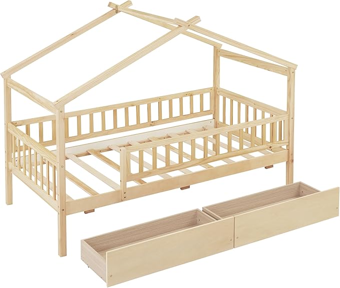 Aoowow Twin Size House Bed with Storage Drawers,Kids Wooden Bed Frame Twin House Bed with Slats and Fence for Boys Girls Teens for Bedroom(Natural)