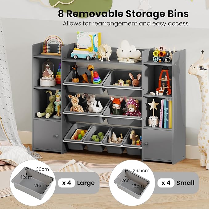 Costzon 56'' Kids Toy Storage Organizer with 8 Removable Bins, 4-Tier Toddler Bookshelf Cubbies, Preschool Children's Montessori Bookshelf w/6 Large Cabinet for Playroom, Daycare, Kids Room, Classroom