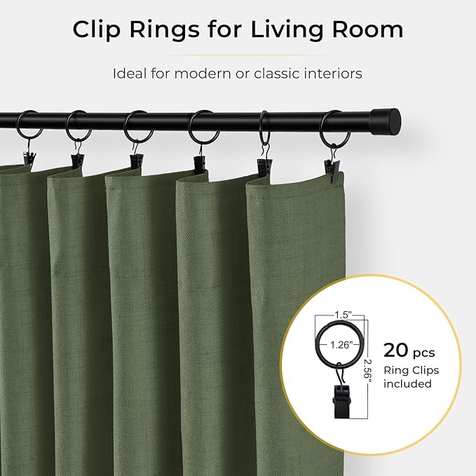 INOVADAY 100% Blackout Curtains for Bedroom, Black Out Curtains 108 Inch Long, Clip Rings Linen Blackout Drapes, Thermal Insulated Room Darkening for Living Room, 2 Panels - Moss Green,W50xL108