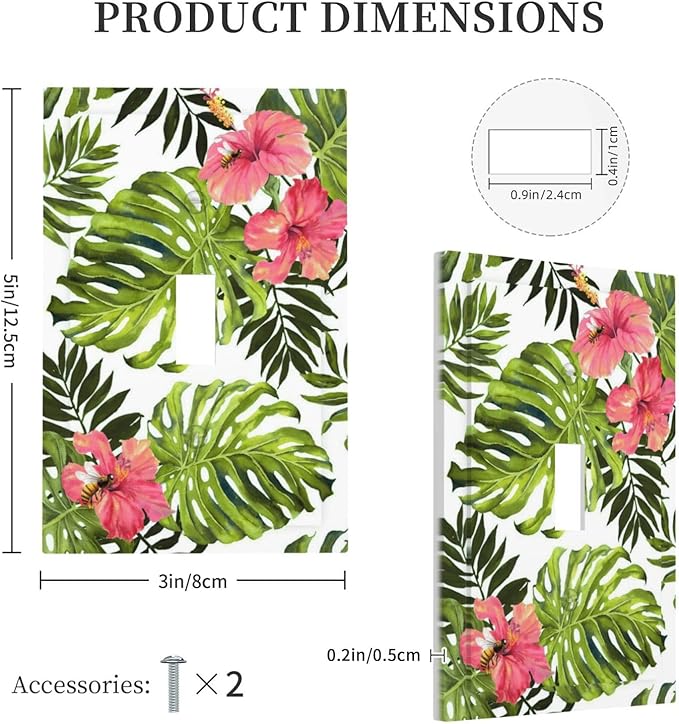 Tropical Plant Green Palm Single Toggle Wall Plate Covers 1 Gang Light Switch Cover Banana Leaves Pink Flower Rainfores Jungle Botanical Faceplate Decorative Electrical for Bathroom Kitchen Home Decor