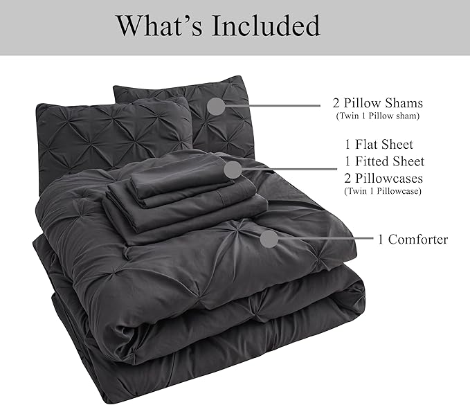 LANE LINEN Comforter Set, 7 Piece Bed in a Bag, Soft Bedding Sets, Pintuck Comforter Set, Full Size Bed Comforter with Sheets, Pillowcases & Shams - Grey