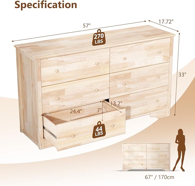 VINGLI 57" Unfinished Solid Wood Dresser for Color DIY, 6 Drawer Long Chest with Drawers, Natural Rubberwood, 57" W*17.7" D*33" H