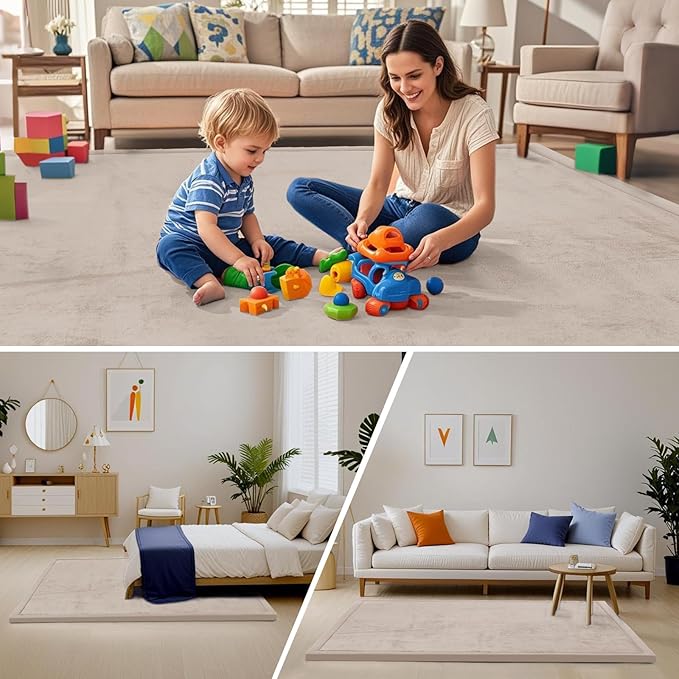 ACOMOPACK Baby Play Mat for Floor,1.3" Thick Memory Foam Area Rug for Living Room,Soft Velvet Crawling with Non-Slip Bottom for Kid,Toddler,71"×79" Tummy Time Nursery Rugs,Yoga（Beige）