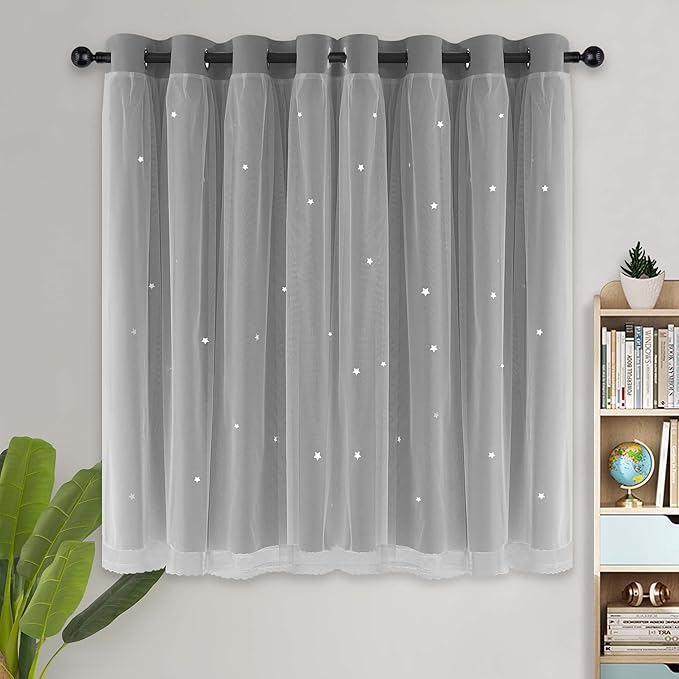 Kinryb Blackout Curtains for Girl Bedroom/Living Room/Classroom, Sheer Overlay Small 2 Panel Set, Double Layer Curtains with Star Cutout for Kids Room(W 52 x L 45 Inches,Silver Grey 2 Pcs)