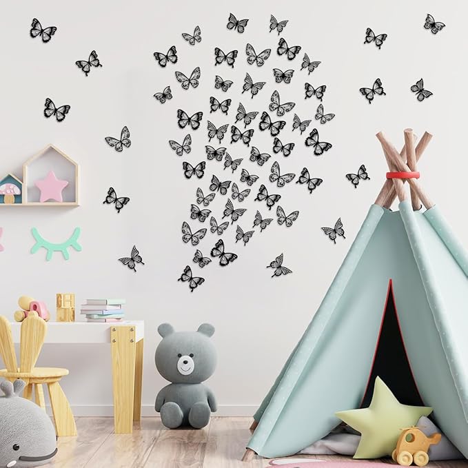 60Pcs Butterfly Wall Stickers 3D Butterflies Stickers Removable Mural Decor for Kids Room Bedroom Decor Living Room Decor (Black)