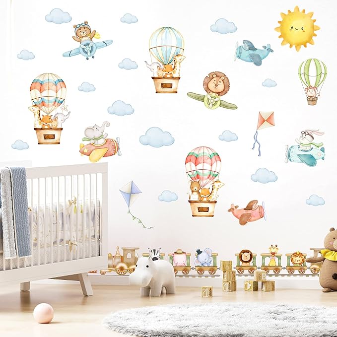 Train Animal Wall Stickers Cartoon Animal Wall Stickers Airplane Hot Air Balloon Decals Watercolor Sun Cloud Decals Cute Balloon Animals Sticker for Nursery Kids Room Playroom Decor