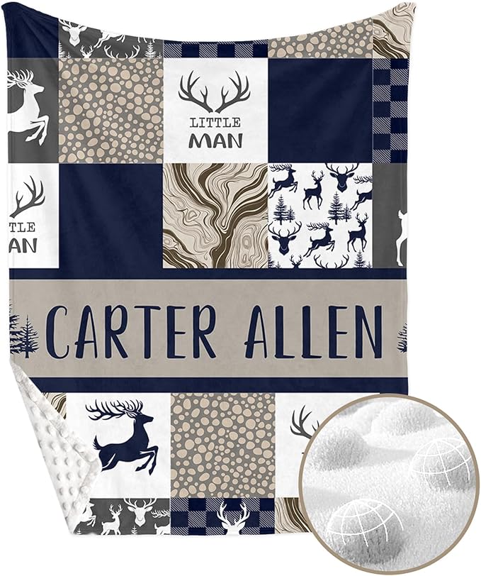 Personalized Crib Bedding Set for Boys Girls, Custom Baby Crib Sets with Name, Navy Deer Design Nursery Bedding 2 Piece - Soft Blanket with Double Layer Dotted Backing, Crib Fitted Sheet