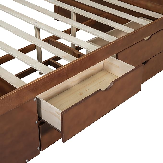 Full Size Daybed with 4 Storage Drawers and Shelves, Wooden Full Platform Bed Frame with L-Shaped Headboard and Slats Support, Corner Bed Full Captain Beds for Kids Boys Girls Teens, Walnut