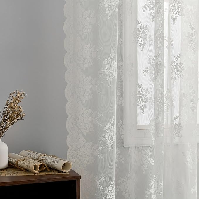 Kotile Ivory Lace Curtains 90 Inches Long 2 Panels, Country Rustic Floral Scalloped Lace Sheer Curtains for Living Room, Rod Pocket Privacy Vintage Lace Curtains, 42 x 90 Inch Each, Ivory