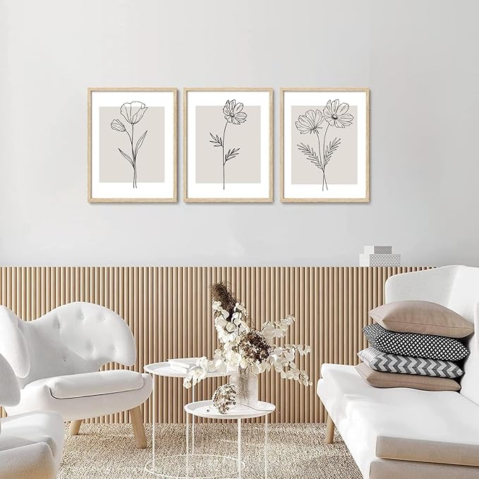 CHMMART 3 Piece Neutral Flower Framed Wall Art Beige Minimalist Floral Canvas Art Prints Boho Botanical Line Pictures Wall Decor Artwork Painting for Living Room Bedroom Office 12x16in