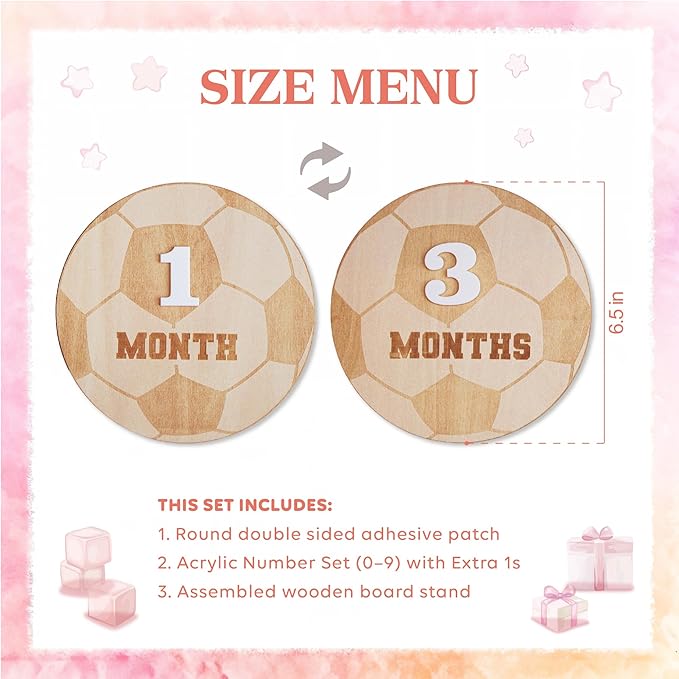 Wooden 3D Baby Monthly Milestone Cards Monthly Milestone Discs Newborn Photography Props Baby Announcement Sign Baby (Soccer)