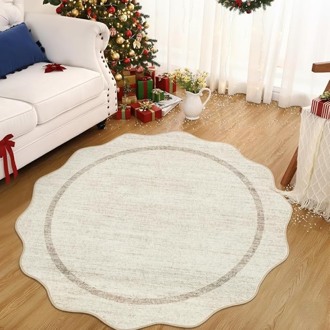 GarveeHome Scalloped Washable Round Rugs, Non-Slip Soft Round Rug 4 ft Ultra-Thin, Small Boho Circle Stain Resistant Low Pile Carpet for Entryway Kitchen Bedroom Nursery Bathroom, Beige