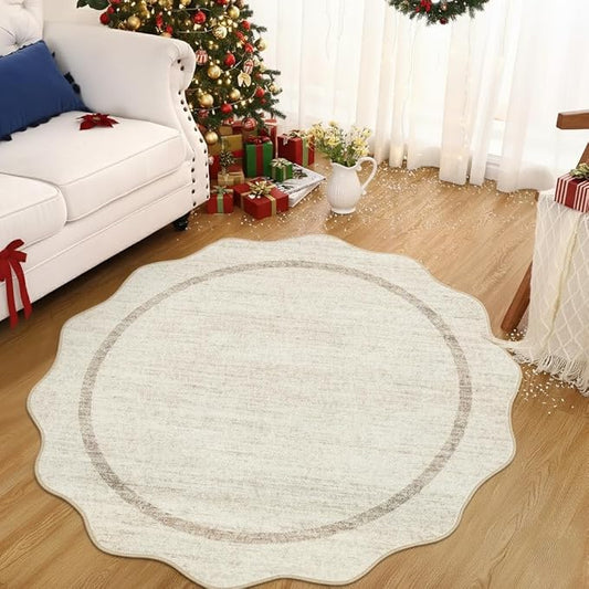GarveeHome Scalloped Washable Round Rugs, Non-Slip Soft Round Rug 4 ft Ultra-Thin, Small Boho Circle Stain Resistant Low Pile Carpet for Entryway Kitchen Bedroom Nursery Bathroom, Beige