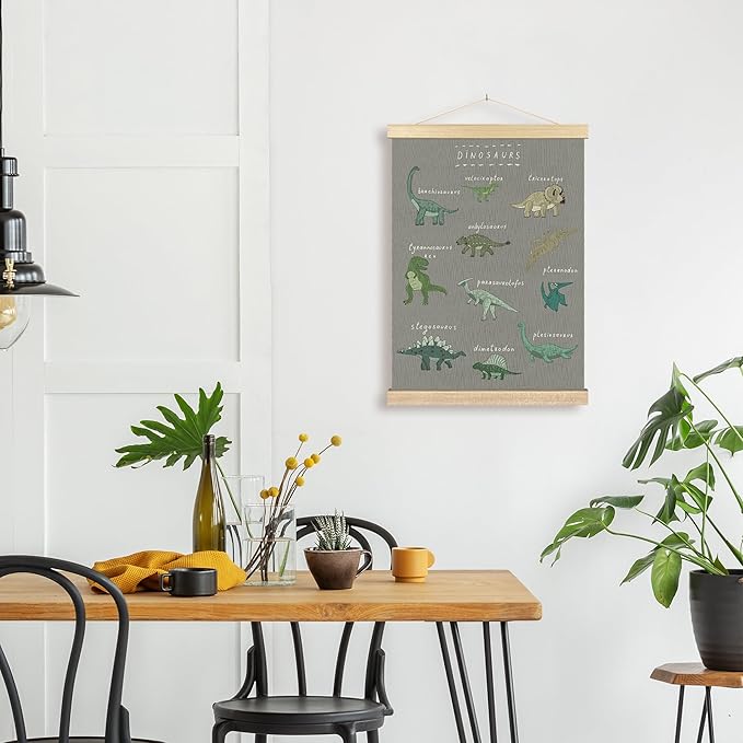 BCUANGD Dinosaur Dino Wall Decor - Gray Baby Toddler Boys Room Wall Art Poster Hanger with Wood Frames, Inspirational Wall Hanging Canvas Decor for Kids Room Nursery Bedroom, 12x16 Inches