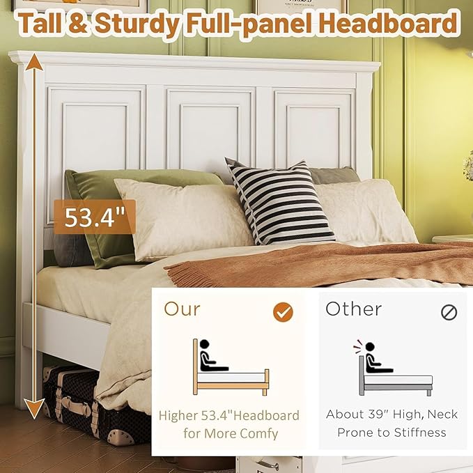 MERITLINE Vintage Farmhouse Bed Frame Queen,Solid Wood Mid Century Modern Rustic Bed Frame with Headboard and Footboard,No Box Spring Needed (White,Queen)