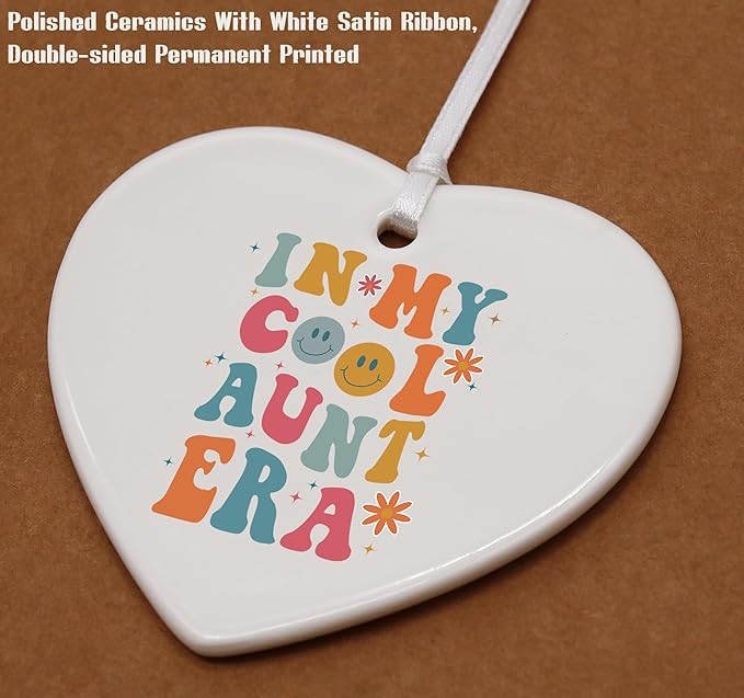Heart Shaped Christmas Ornament-Cool Aunt Era Gift-Best Aunt Ever Keepsake for Niece Nephew-Birthday or Baby Announcement Present for New Auntie to Be-Promoted to Auntie Ceramic Ornament