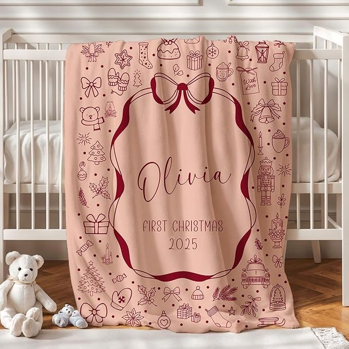 Personalized Baby's First Christmas Blanket, Custom Bow Baby Name Christmas Blanket, Soft Fleece Or Sherpa Throw, Baby Shower, Made in USA