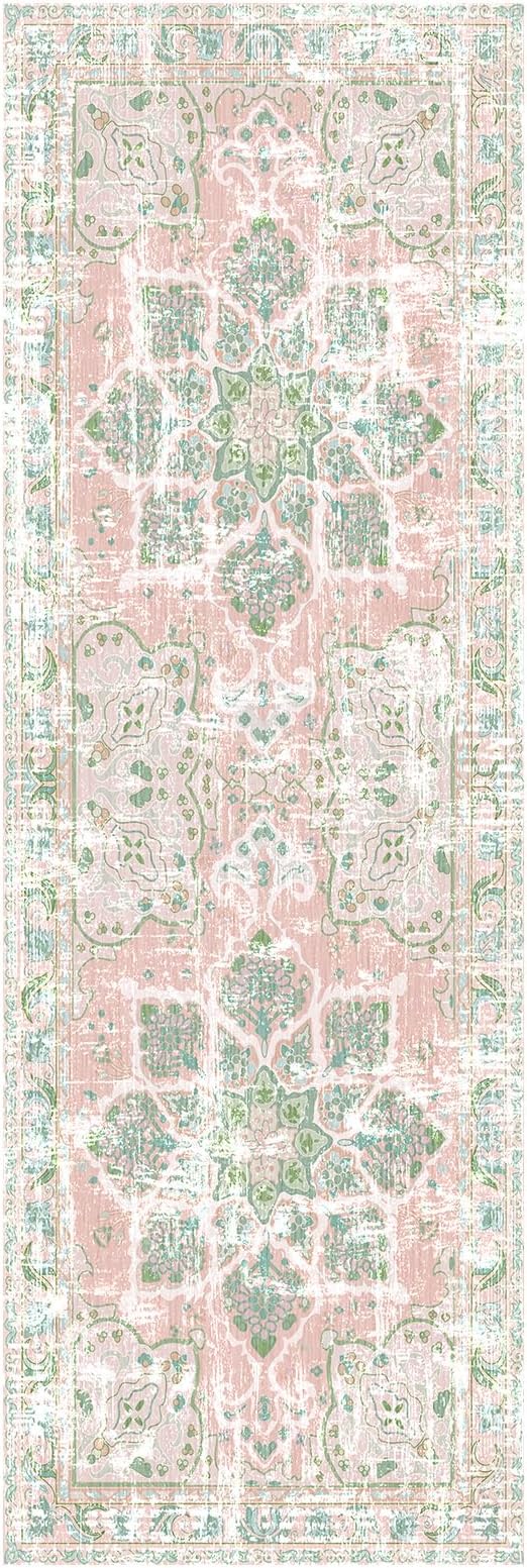 Vhong Boho Area Rugs Vintage Washable Neutral Modern Small Carpet Dusty Pink and Green 2x6 Non Slip Runners for Kitchen Laundry Bedroom Living Room Girls' Room