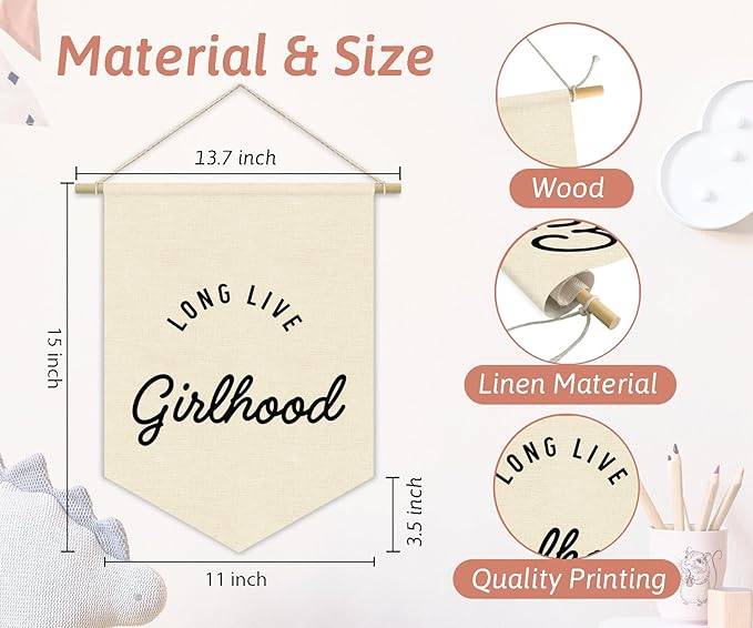 Girls Room Decor, Long Live Girlhood Linen Canvas Banner, Minimalist Girl Nursery Wall Hanging Pennant Flag Banner for Girl Toddler Kids Room Bedroom Dorm Decor, 15x11in