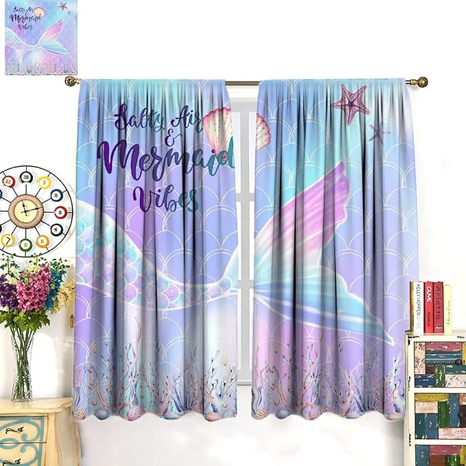 Fantasy Mermaid Curtain Colorful Rainbow Fish Tail Ocean Theme Beautiful Kids Window Treatment for Girls Bedroom Nursery Room Decor Rod Pocket Window Drapes 42x63in