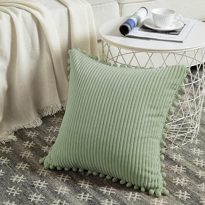 Fancy Homi 2 Packs Sage Green Decorative Throw Pillow Covers 16x16 Inch with Pom poms, Boho Farmhouse Home Decor, Soft Corduroy Accent Square Cushion Case for Living Room Couch Bed Sofa 40x40 cm