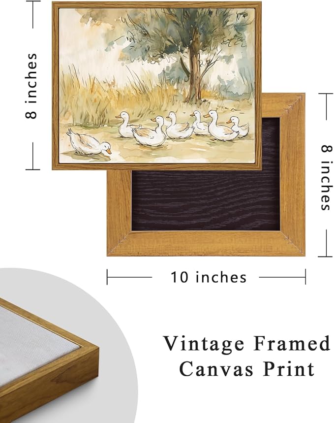 ARPEOTCY Vintage Framed Canvas Wall Art, 8x10inch, Farmhouse Nursery Duck Wall Decor, Rustic Art Prints Home Decor, Cute Duck Illustration Paintings for Living Room Bedroom Office Decoration