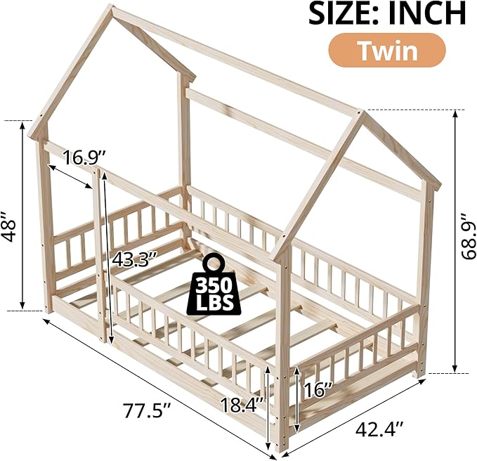 LLS Twin Size Montessori Floor Bed Frame with Slats and Fence, Wooden House Bed for Boys Girls Bedroom, Natural