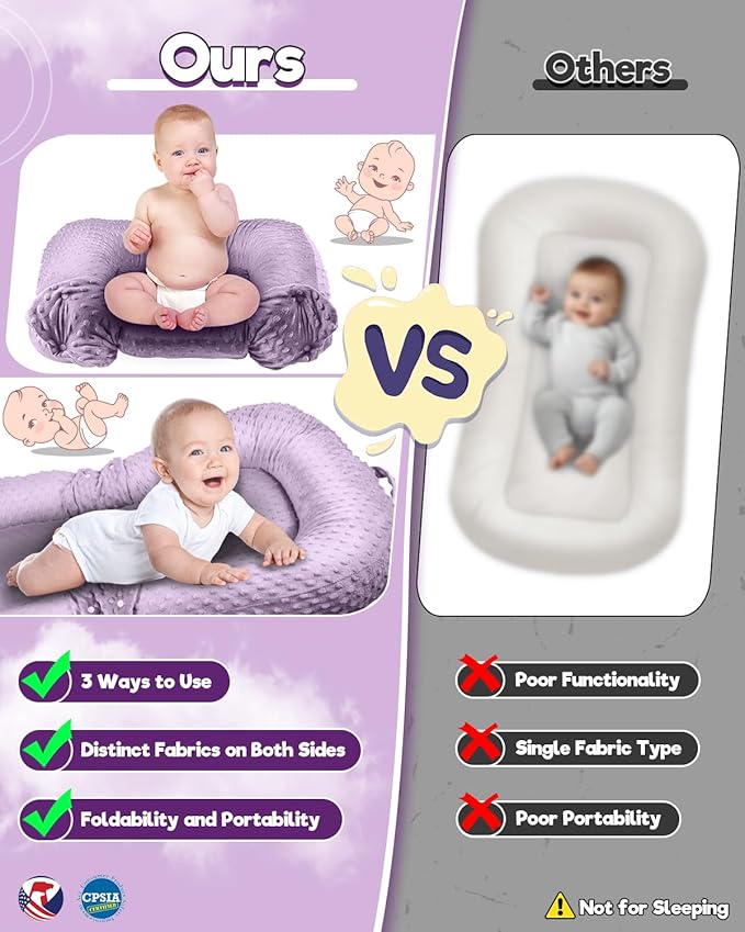Baby Lounger Pillow : 2-in-1 Infant Lounger for Newborn 0-48 Months, Portable Tummy Time Mat for Home and Travel, Breathable & Soft Baby Seat for Baby, Babies Essentials Gifts