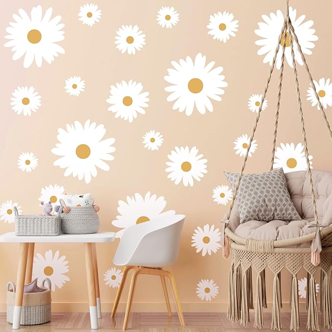 TaoBary 12 Sheets Daisy Wall Decal Flower Wall Sticker Cute Daisy Sticker Pink White Flower Decal Peel and Stick Floral Wallpaper for Nursery Bedroom Home Decor(White, Yellow,Multi Petal Style)