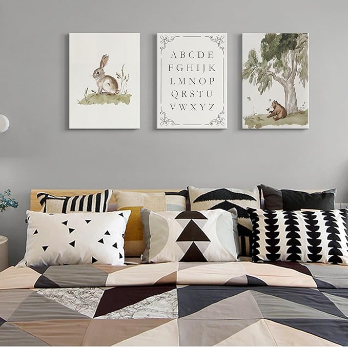 LSXARTQQ Set of 3 Woodland Nursery Wall Art Neutral Forest Animal Alphabet Canvas Wall Decor Vintage Nursery Wild Animals Paintings Pictures Kids Boys Girl Room Bear Bunny Artwork Prints(12x16inch)