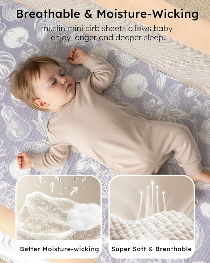 Yoofoss Muslin Pack and Play Sheets Fitted, Organic Mini Crib Sheets for Boys Girls, Playard Sheet Compatible with Pack N Play Mattress, Soft, Breathable and Durable 38"x26"