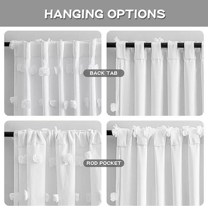 MYSKY HOME White Curtains for Bedroom 63 Inch Long Double Layer Nursery Curtain for Kids Room Kithen White Pom Pom Sheer Back Tab Light Filtering Privacy Protect Window Drapes 2 Panels, 52 x 63 Inch