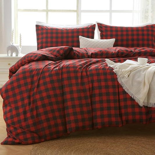 MUXHOMO Duvet Cover King Size Floral Duvet Cover Set with Zipper Closure, Red Plaid Bedding Set, 3 Pieces, 1 Duvet Cover 104"x90" with 4 Corner Ties and 2 Pillowcases 20"x36"