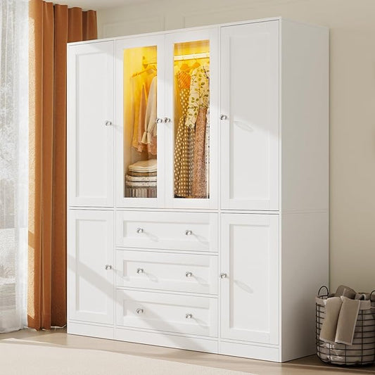 VOWNER 75" Tall Armoire Wardrobe Closet with Drawers and LED, Clothing Storage Cabinet with Glass Doors & Hanging Rod, 6 Doors Wooden Armoire Storage Cabinet for Bedroom (White)